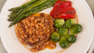 Turkey Burger with Baked Beans, Steamed Brussels Sprouts and Roasted Bell Peppers