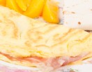 Prosciutto and Cheese Omelet with Flour Tortilla and Canned Peaches