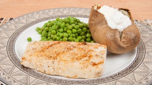 Grilled Mahi-Mahi with Baked Potato and Green Peas