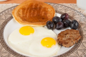 Homemade sausage, egg, Pancake Breakfast