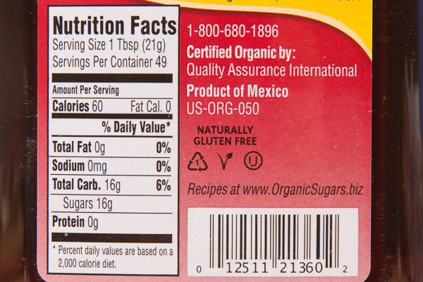Blue Agave Nutrition Facts Label